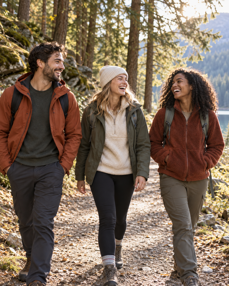 Friends enjoying a woodland walk